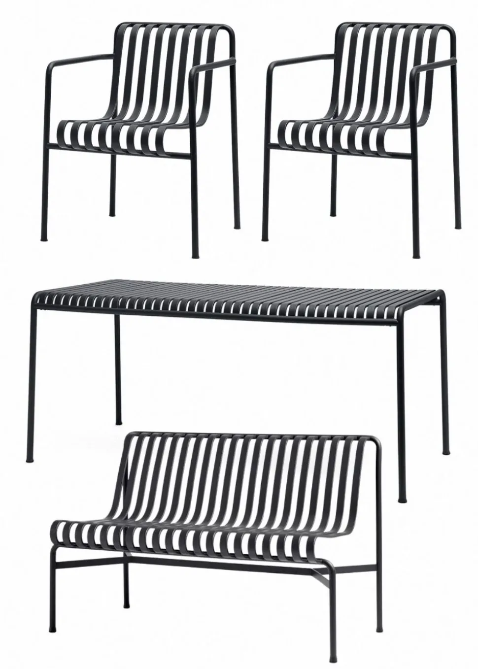 1 Palissade Bord , 2 Palissade Dining Armchair og 1 Palissade Dining Bench