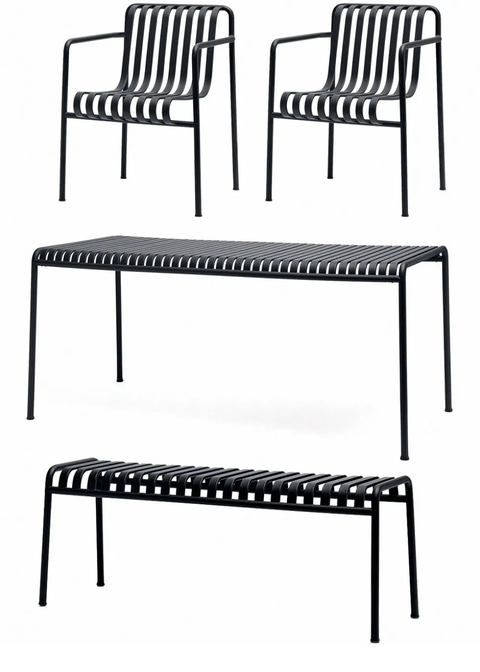 1 Palissade Bord , 2 Palissade Dining Armchair og 1 Palissade Bench