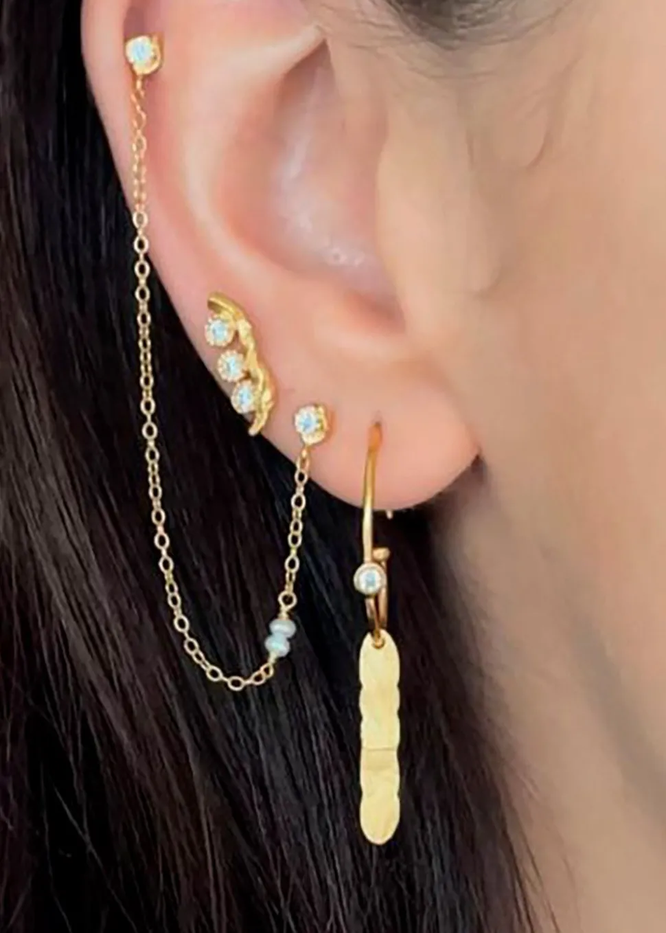 Twin Flow Earring with Stones, Chain & Pearls